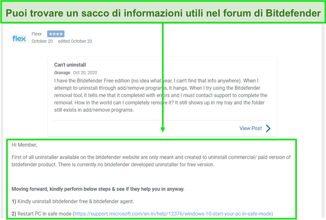 Screenshot di un thread dal forum della comunità di Bitdefender.