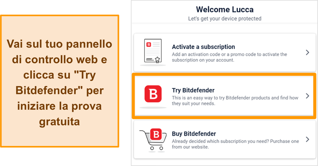 Screenshot di come avviare una prova di Bitdefender dalla dashboard web di Bitdefender Central.