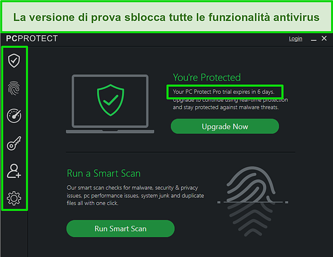Screenshot della versione di prova di PC Protect e delle sue funzionalità sbloccate.
