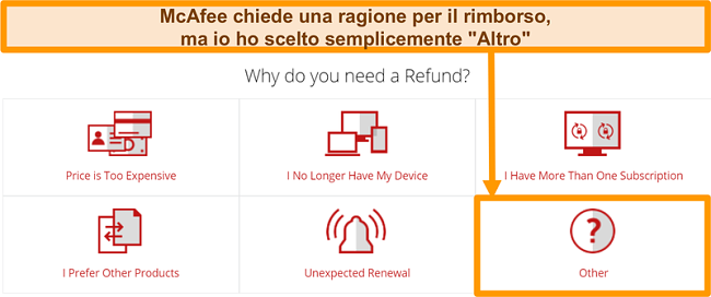 Screenshot dell'assistenza clienti McAfee che chiede un motivo per una richiesta di rimborso