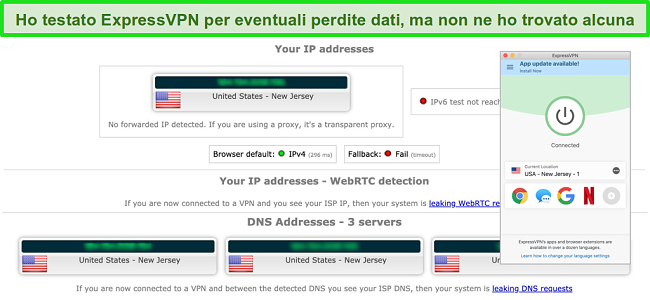 Screenshot di ExpressVPN che ha superato correttamente un test di perdita IP, WebRTC e DNS mentre è connesso a un server negli Stati Uniti