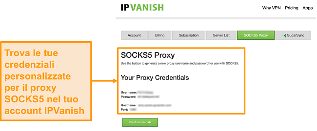 Screenshot delle credenziali gratuite del server proxy SOCKS5 di IPVanish sul sito web