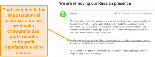 Screenshot del sito Web della VPN Private Internet Access con un post sul blog che descrive il motivo del ritiro di PIA dalla Russia