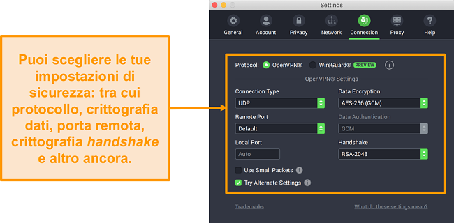 Screenshot della VPN di Private Internet Access e della relativa app per Mac che visualizza le opzioni di personalizzazione della scheda Connessione