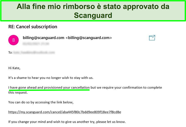 Screenshot di un utente che richiede un rimborso con la garanzia di rimborso dal team di assistenza clienti di Scanguard