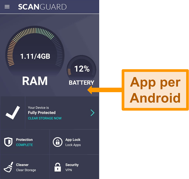 Screenshot dell'interfaccia dell'app Android di Scanguard.