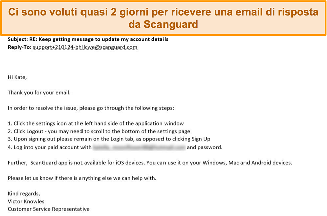 Screenshot della risposta e-mail dell'assistenza clienti da Scanguard.