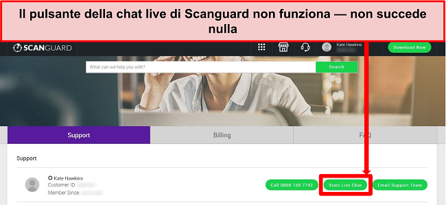 Screenshot del sito Web di supporto di Scanguard con il pulsante Live Chat evidenziato.