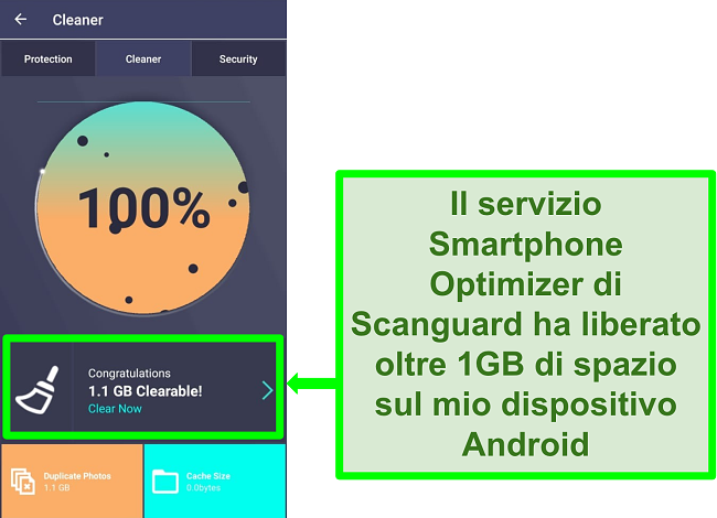 Screenshot della funzione Cleaner di Scanguard su Android che elimina oltre 1 GB di foto duplicate.