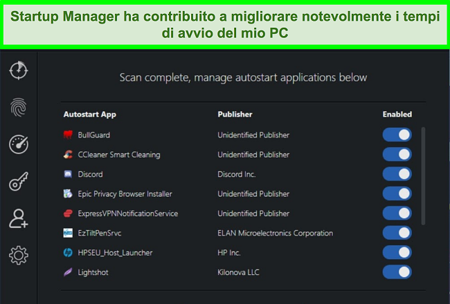 Screenshot di Startup Manager di Scanguard con le applicazioni di avvio automatico elencate.