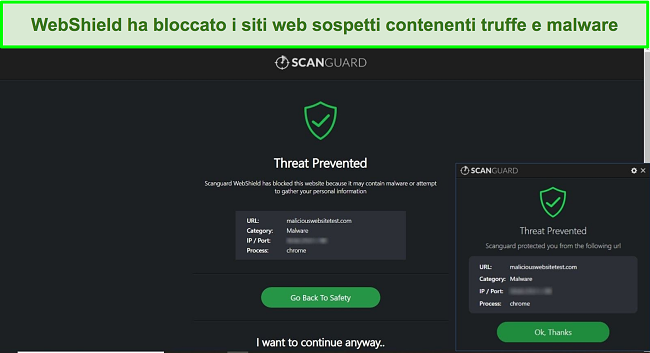 Screenshot della funzione WebShield di Scanguard che blocca l'accesso a un sito Web di test di malware.