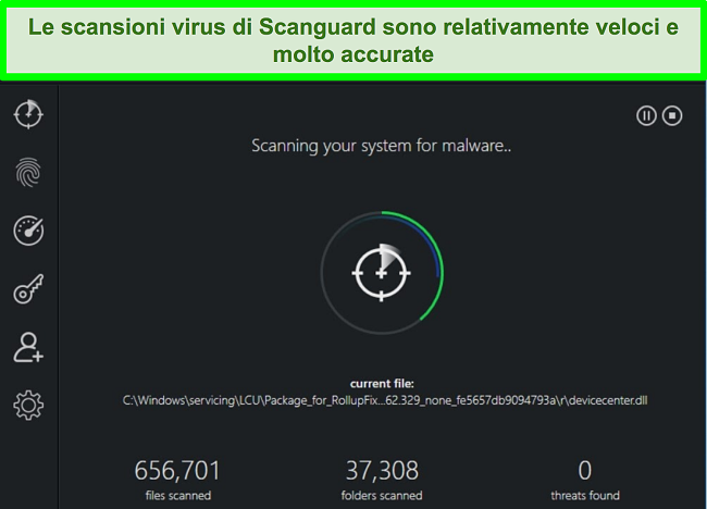 Screenshot della scansione del sistema di Scanguard in esecuzione su un PC Windows.