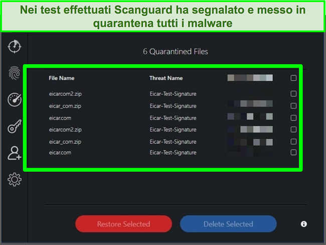Screenshot della quarantena di Scanguard con più file di test malware.