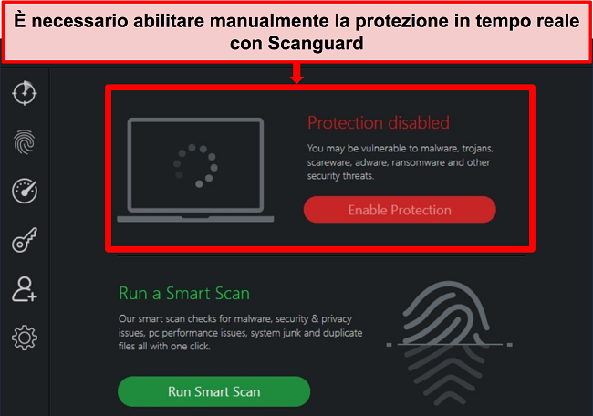 Screenshot dell'app antivirus di Scanguard con protezione in tempo reale disabilitata.