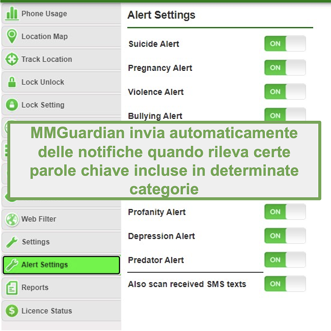 Screenshot di MMGuardian che invia automaticamente avvisi per parole chiave basate su categorie