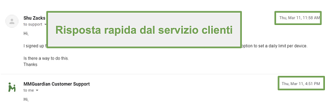 Screenshot della risposta rapida dell'assistenza clienti