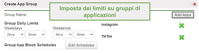 Screenshot dell'impostazione dei limiti su gruppi di app