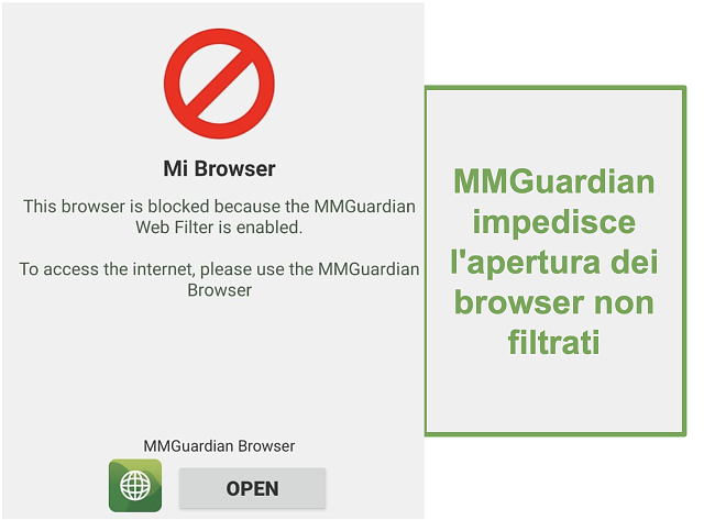 Screenshot di MMGuardian che impedisce l'apertura di browser non filtrati