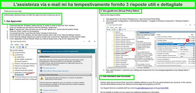 Screenshot del messaggio di supporto e-mail di BullGuard