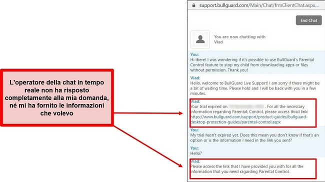 Screenshot del supporto live chat di BullGuard.
