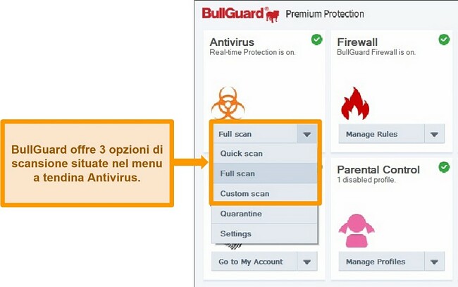 Screenshot delle opzioni di scansione di BullGuard