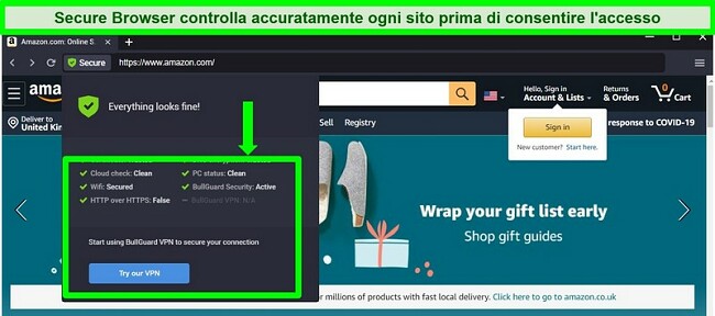 Screenshot del browser sicuro di BullGuard che mostra tutti i controlli di sicurezza.