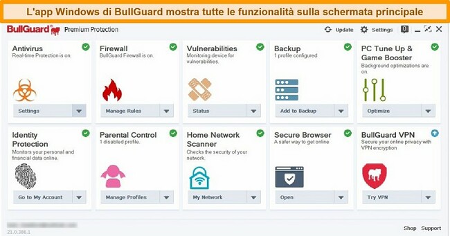 Screenshot dell'interfaccia principale di BullGuard così come appare su Windows.