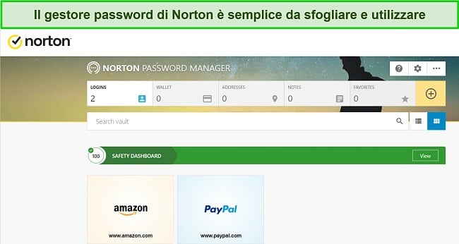 Screenshot della funzione di gestione delle password di Norton.