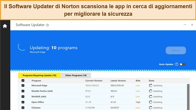 Screenshot di Norton Software Updater che aggiorna 10 programmi per la protezione dalle vulnerabilità delle app.