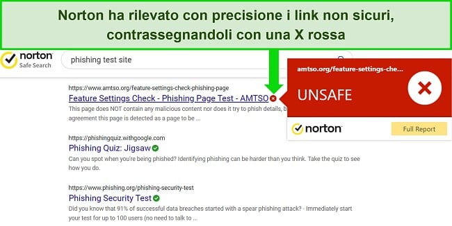 Screenshot dell'estensione del browser Safe Search di Norton che rileva accuratamente gli URL sicuri e non sicuri