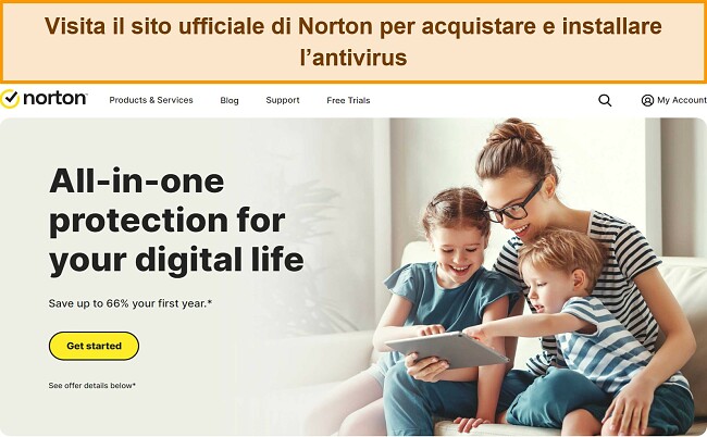 Screenshot della home page del sito web ufficiale di Norton.
