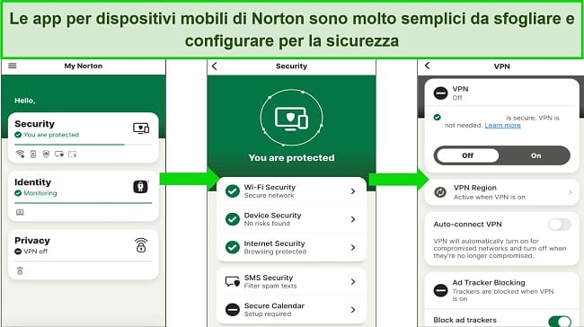 Screenshot dell'app iOS di Norton che mostra quanto sia pulita e semplice l'interfaccia, facilitando la navigazione per gli utenti principianti.