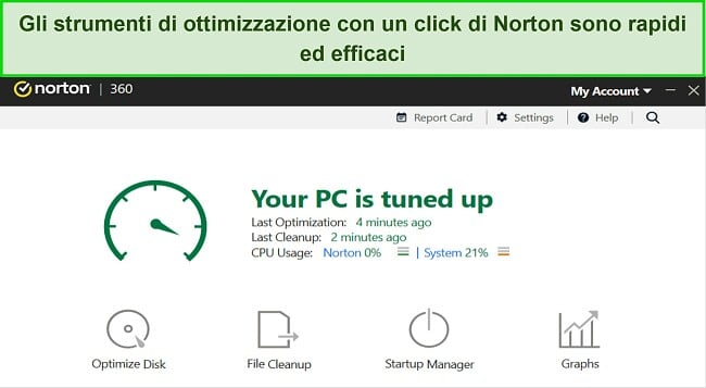 Screenshot degli strumenti di ottimizzazione di Norton.