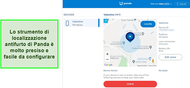 Screenshot dello strumento di localizzazione antifurto di Panda che rileva la posizione precisa di un dispositivo protetto