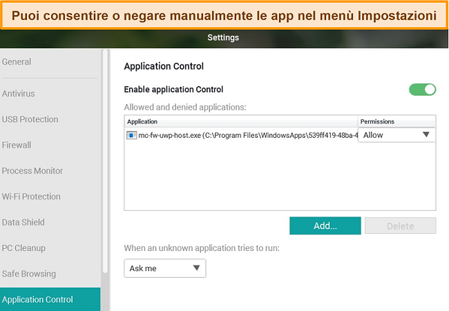 Screenshot del menu di configurazione di Panda Application Control