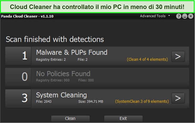 Screenshot della funzione Cloud Cleaner di Panda con una scansione completata