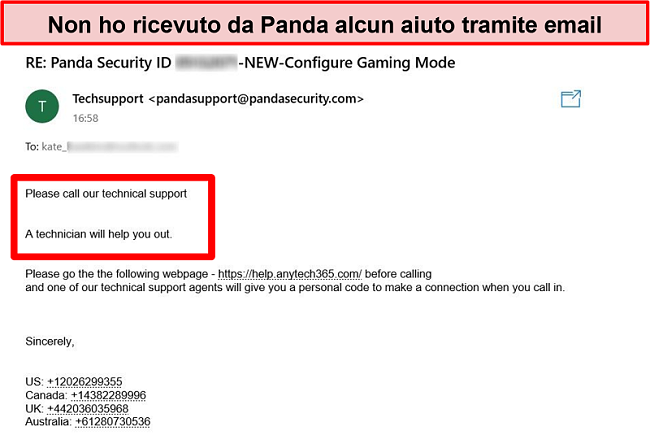 Screenshot dell'e-mail ricevuta dal supporto tecnico di Panda