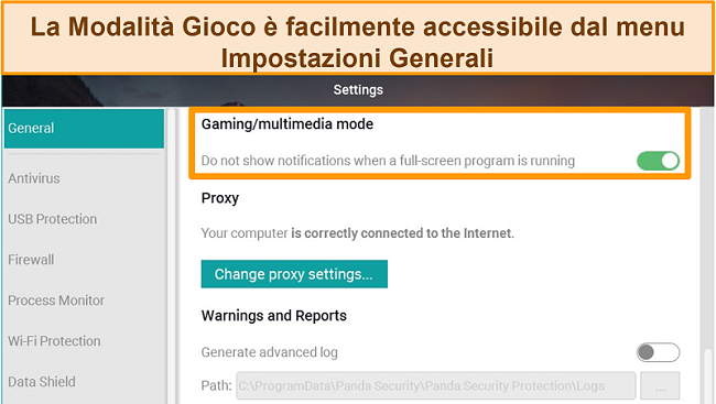 Screenshot delle impostazioni generali di Panda che mostra la modalità di gioco.