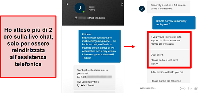 Screenshot della live chat Premium di Panda