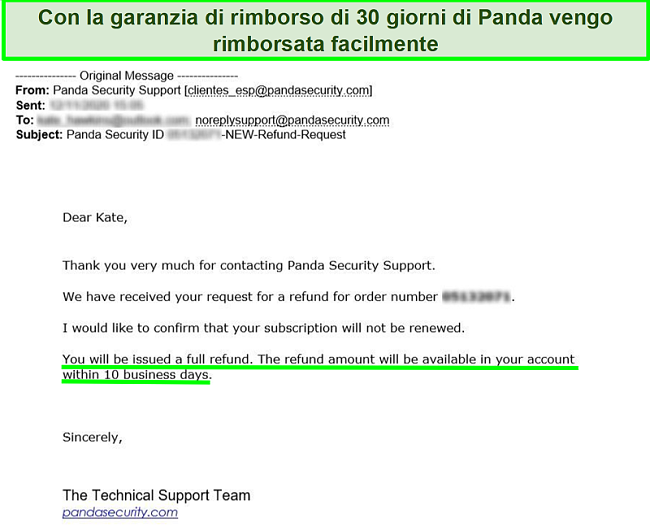 E-mail che mostra il rimborso completo approvato dall'antivirus Panda con la garanzia di rimborso di 30 giorni