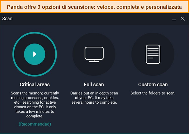 Screenshot delle 3 diverse opzioni di scansione di Panda.