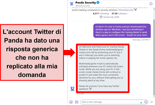 Screenshot della risposta di Panda su Twitter a una specifica domanda di configurazione