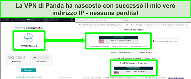 Screenshot della VPN di Panda connessa a un server statunitense e risultati del test di tenuta IPLeak.net.