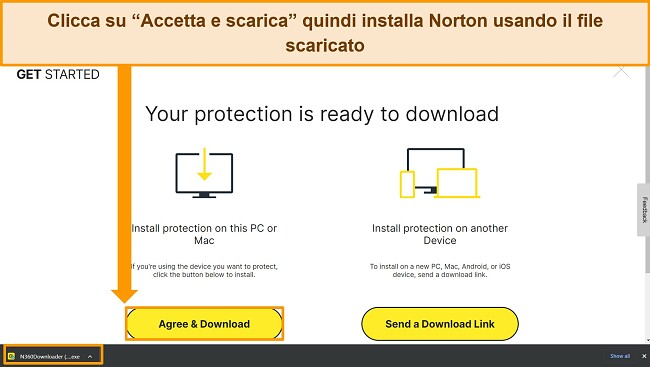 Screenshot della pagina Web Accetta e scarica Norton, che evidenzia il file di installazione.