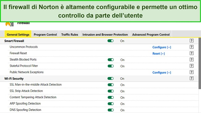 Screenshot delle impostazioni del firewall di Norton che mostrano un elevato livello di personalizzazione.