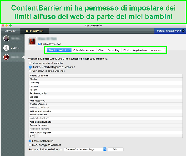 Screenshot dell'interfaccia ContentBarrier con varie impostazioni per il controllo genitori