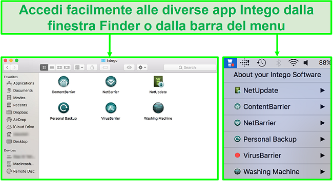 Screenshot di come puoi accedere a varie app Intego dalla finestra Finder o dalla barra dei menu