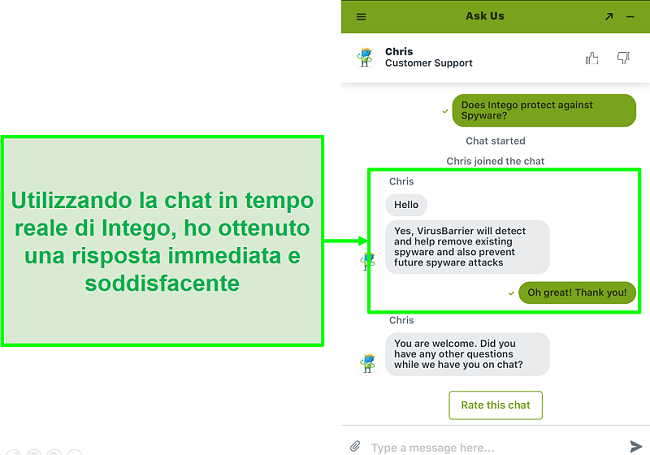 Screenshot della live chat di Intego che offre un supporto rapido e utile