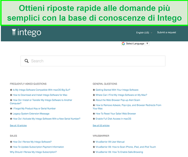 Schermata della knowledge base di Intego con domande e risposte generali