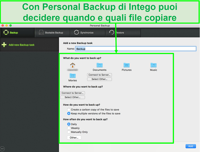 Screenshot dell'interfaccia di Intego Personal Backup con opzioni di backup personalizzabili